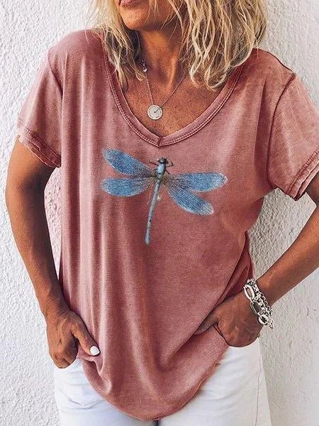 Luna | Dames T-shirt met Libelleprint en V-hals met Korte Mouwen