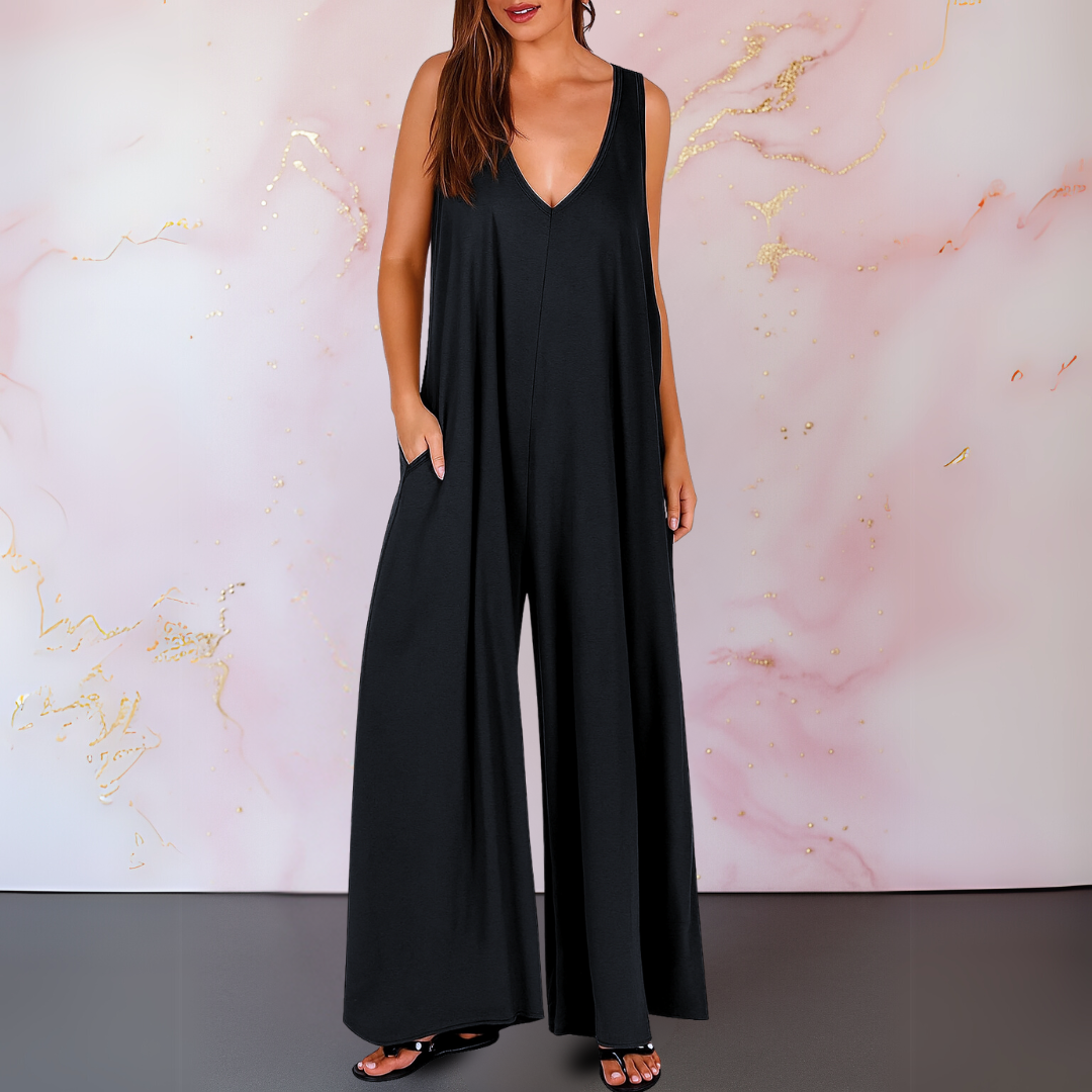 Onyx | Dames V-hals Mouwloze Wijde Pijpen Jumpsuit met Zakken