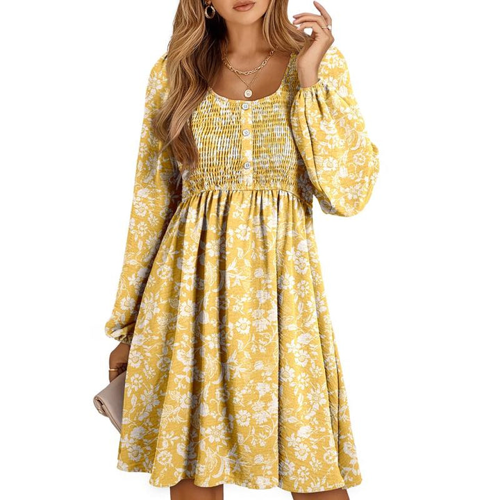 Herfst | Dames Smocked Empire Taille Lange Mouw Mini Jurk