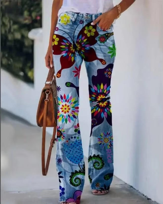 Meadow | Vrouwen Bloemenprint Hoge Taille Flared Jeans