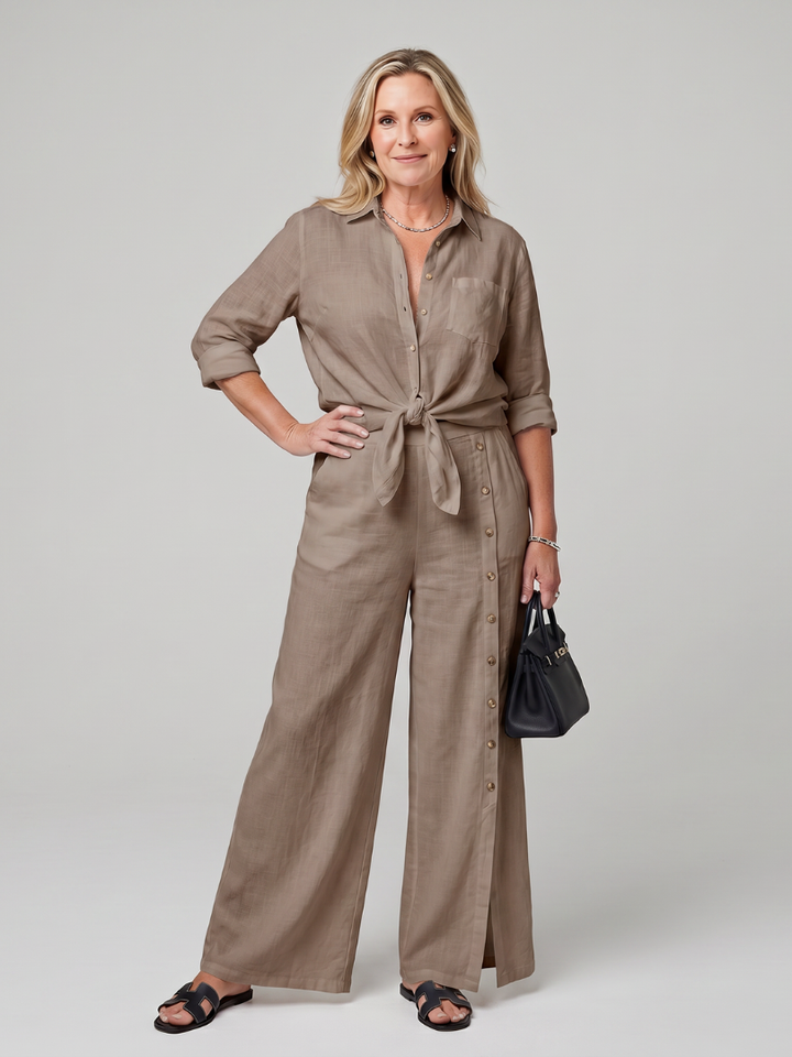 Maddelina | Langsleeve Top met Strik en Brede Pantalon Set
