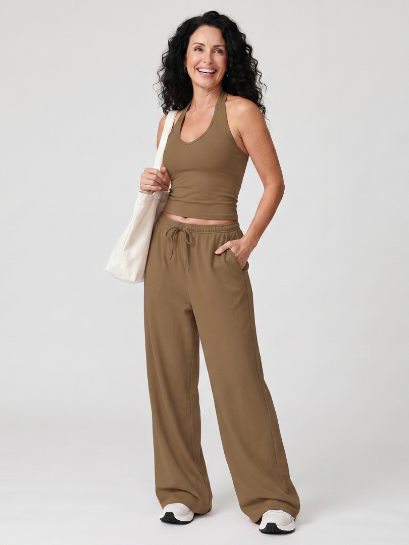 Helena | Mouwloze Top met Ronde Hals en Brede Pantalon Set