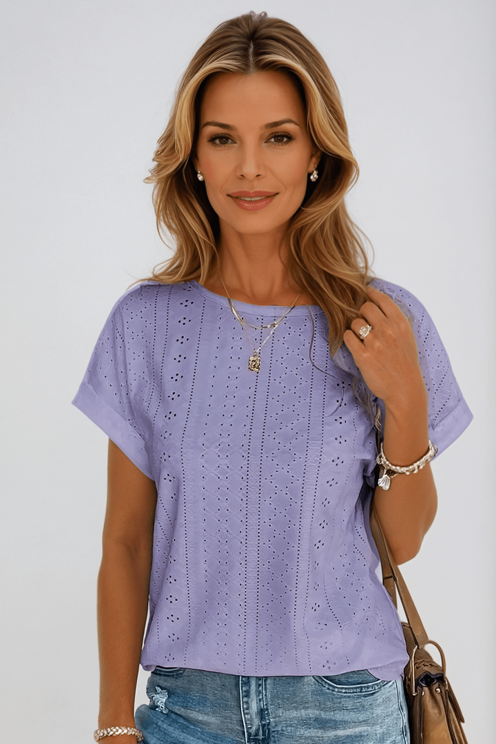 Parel | Dames Eyelet Geborduurde Crew Neck Korte Mouwen Top