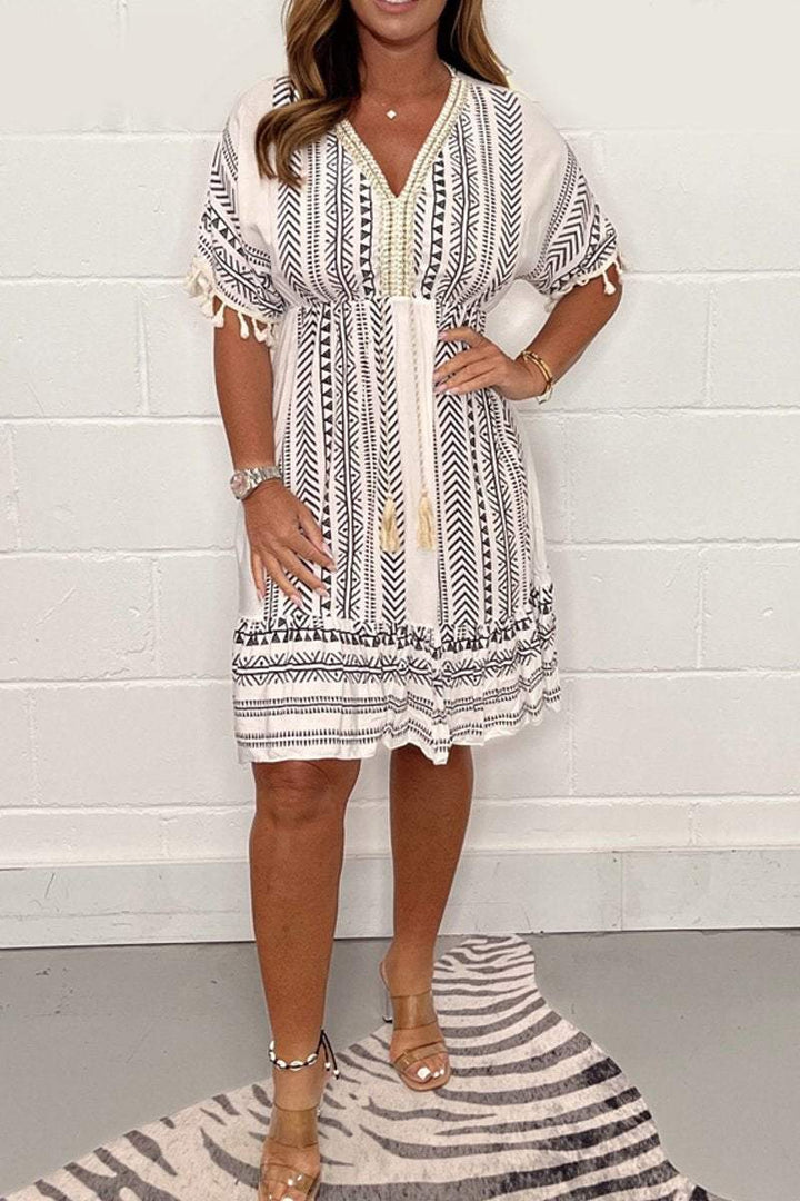 Tulum | Vrouwen Boho Print Mini Jurk V-Hals Kwastje Zomer