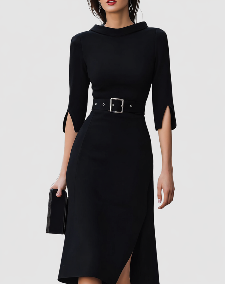 Naomi | Vrouwen Midi Jurk met Ceintuur en Hoge Hals met Gespleten Mouwen