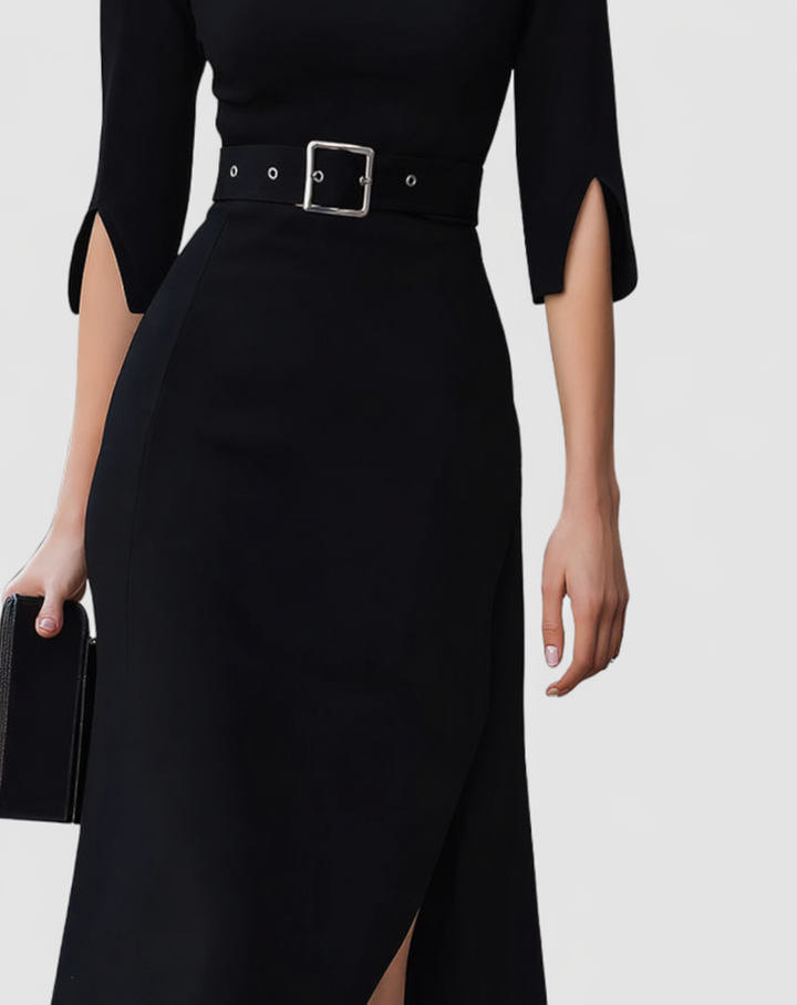 Naomi | Vrouwen Midi Jurk met Ceintuur en Hoge Hals met Gespleten Mouwen