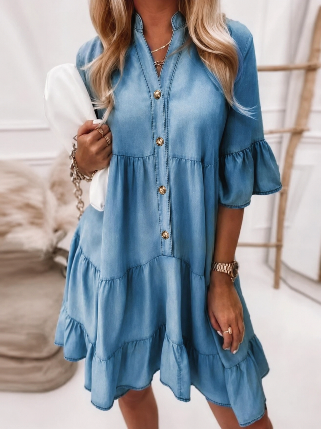 Billie | Dames Casual Gelaagde Rimpel Mini Jurk Met Knopen