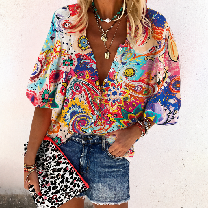 Zara | Dames Boho Print Blouse V-Hals Lange Mouw Knopsluiting