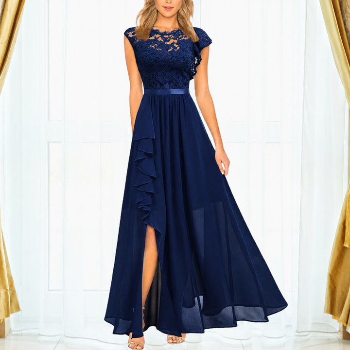 Grace | Dames Kanten Chiffon Maxi Jurk Rimpel Split Formeel