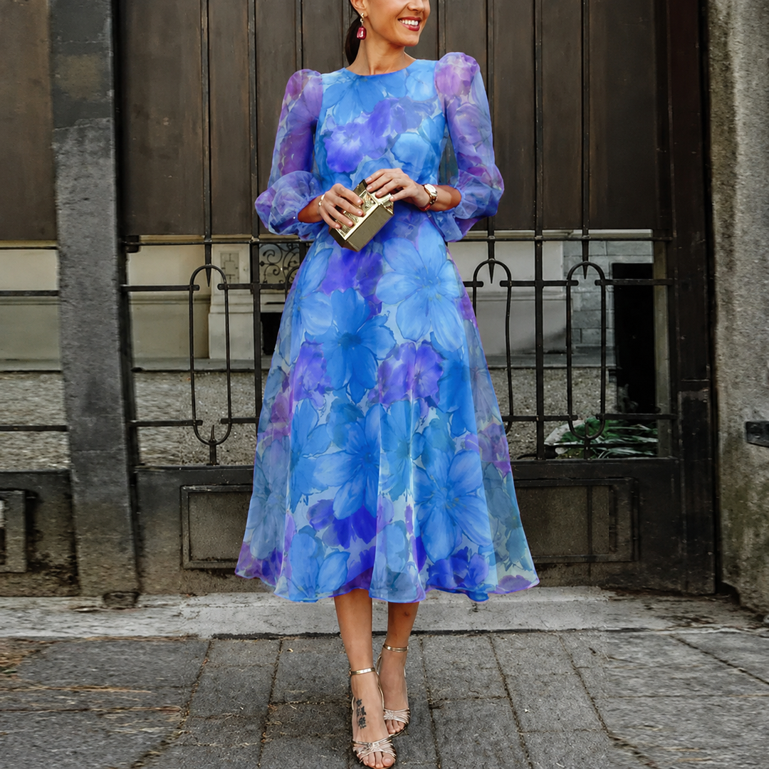 Rosalie | Vrouwen Floral Chiffon Midi Jurk Lange Mouwen Bruiloft Gast