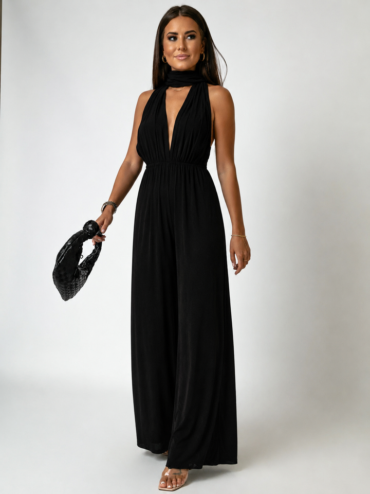 Blush | Dames Wijde Pijpen Jumpsuit Diepe V-Hals Wrap Tie Gelegenheid