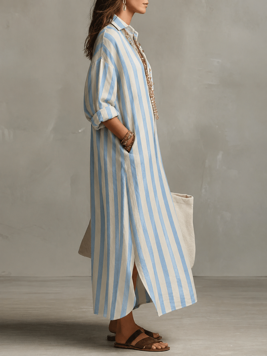Rosalinda | Vrouwen Gestreepte Lange Mouw Maxi Shirt Jurk