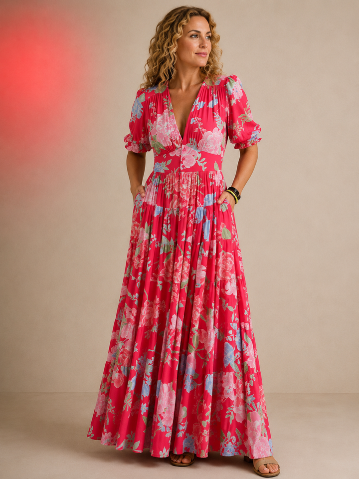 Catrisa™ - Bloemenprint V-hals Jurk met Zak