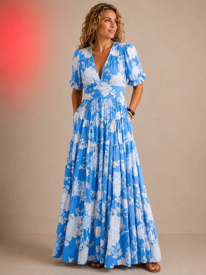 Catrisa™ - Bloemenprint V-hals Jurk met Zak