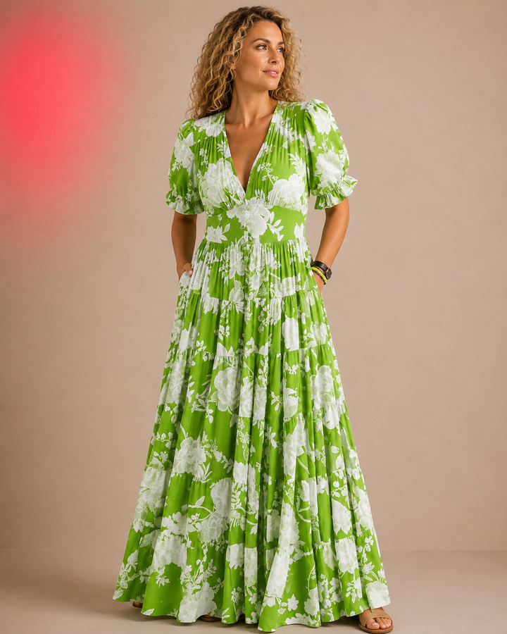 Catrisa™ - Bloemenprint V-hals Jurk met Zak