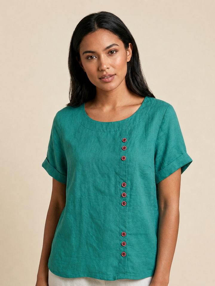 Foreen | Dames Casual Scoop Neck Knopdetail Korte Mouwen Top