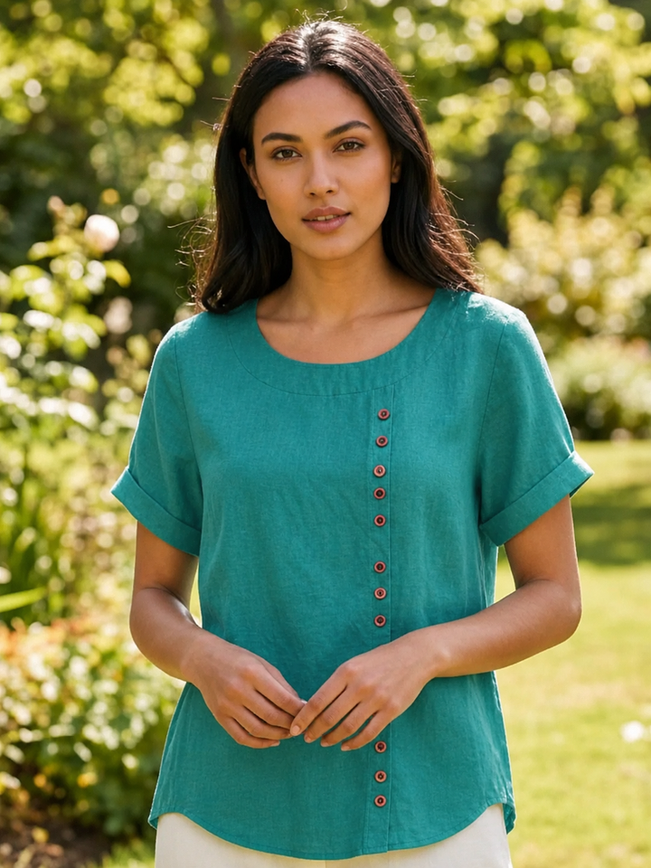 Foreen | Dames Casual Scoop Neck Knopdetail Korte Mouwen Top