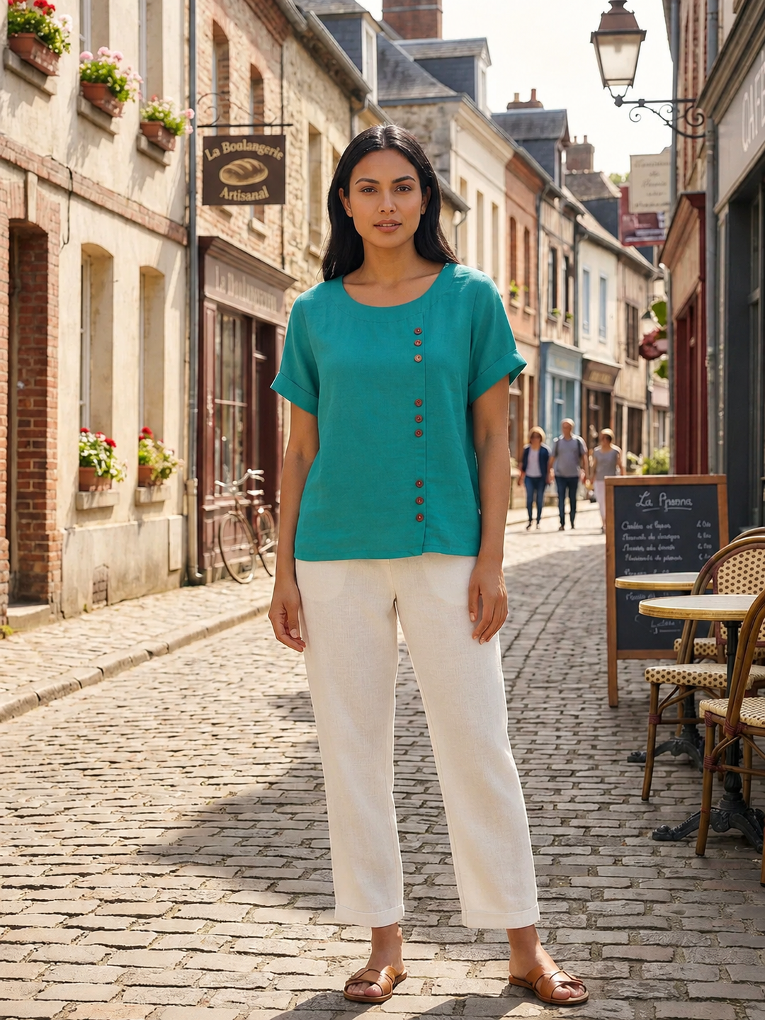 Foreen | Dames Casual Scoop Neck Knopdetail Korte Mouwen Top