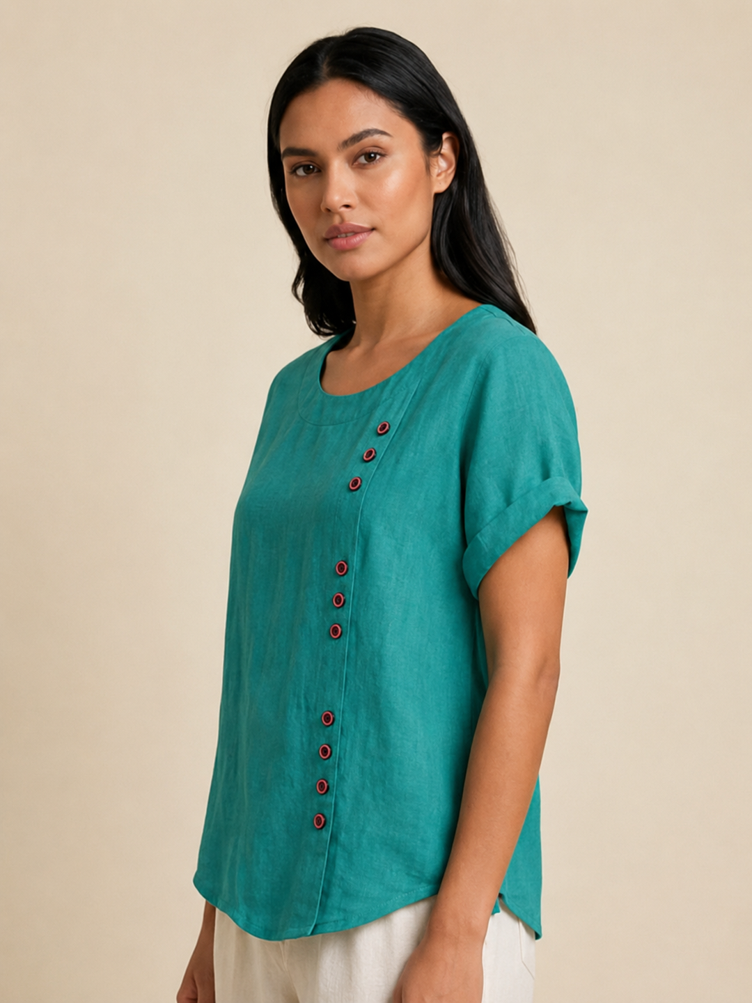 Foreen | Dames Casual Scoop Neck Knopdetail Korte Mouwen Top