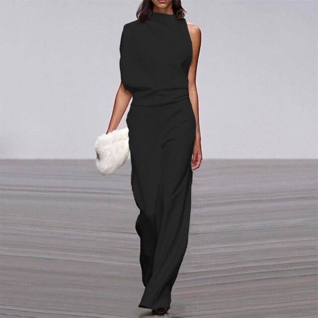 Vivienne | Dames Mouwloze Wijde Pijpen Jumpsuit Met Hoge Hals Formeel