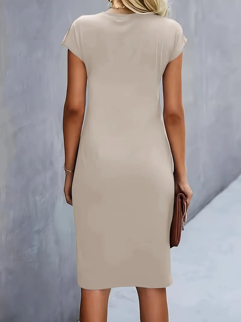 Maya | Dames Rimpel Midi Jurk Korte Mouwen Bodycon Werkjurk