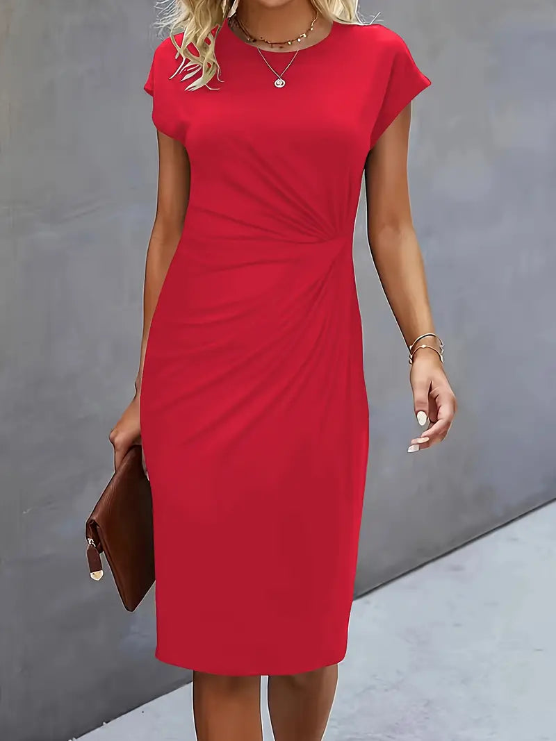 Maya | Dames Rimpel Midi Jurk Korte Mouwen Bodycon Werkjurk