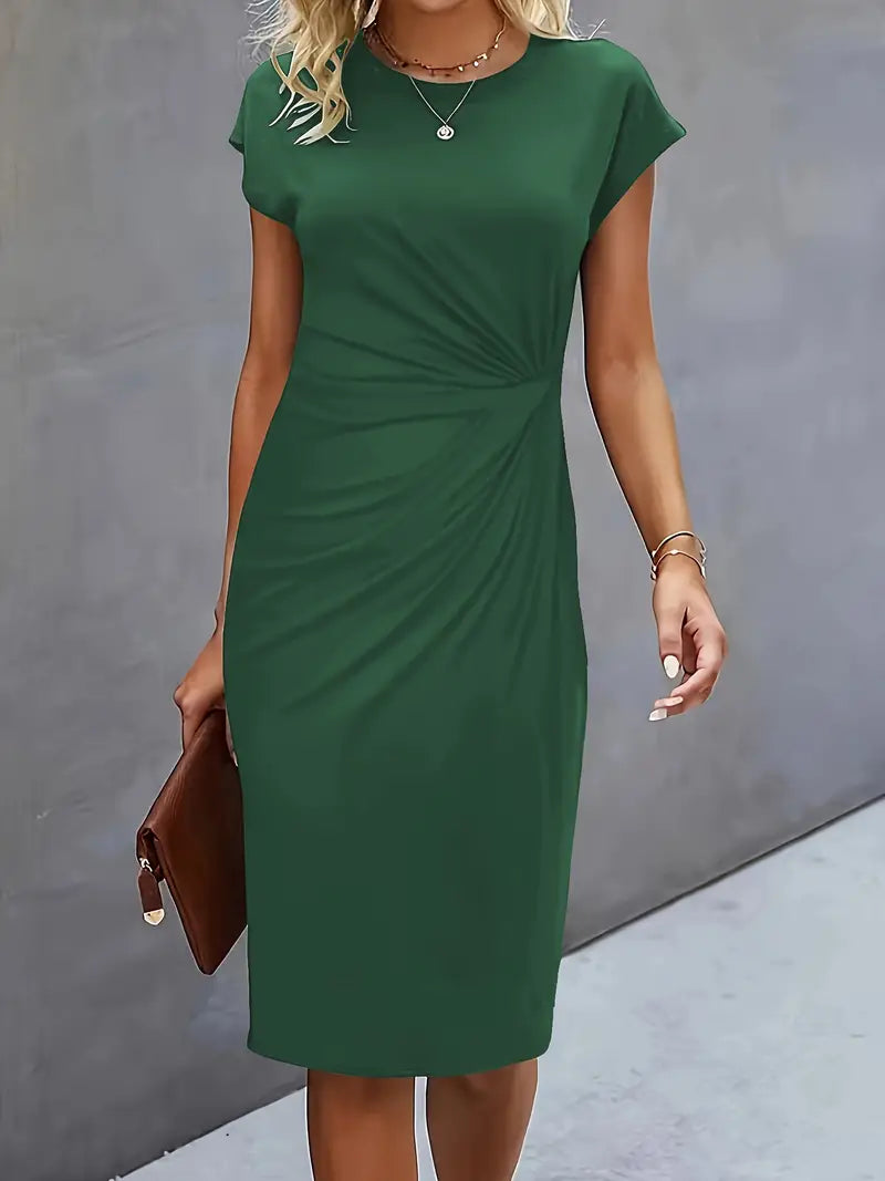 Maya | Dames Rimpel Midi Jurk Korte Mouwen Bodycon Werkjurk