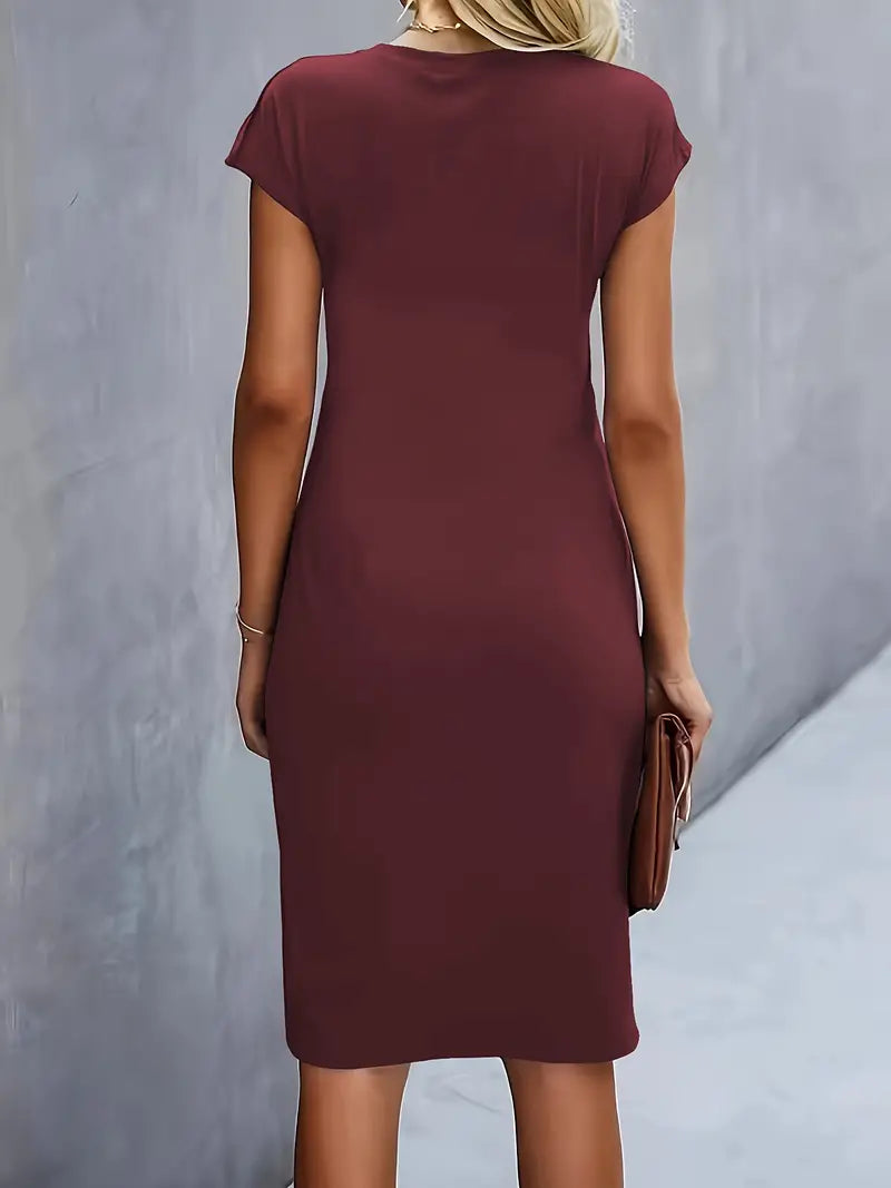 Maya | Dames Rimpel Midi Jurk Korte Mouwen Bodycon Werkjurk