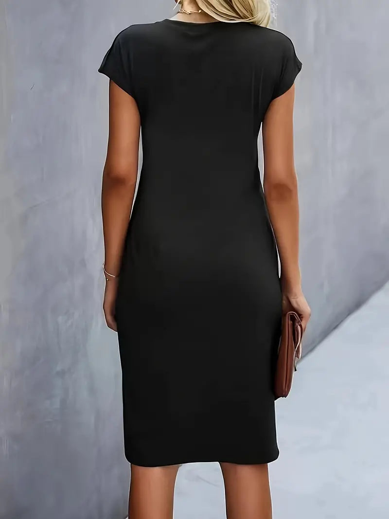 Maya | Dames Rimpel Midi Jurk Korte Mouwen Bodycon Werkjurk