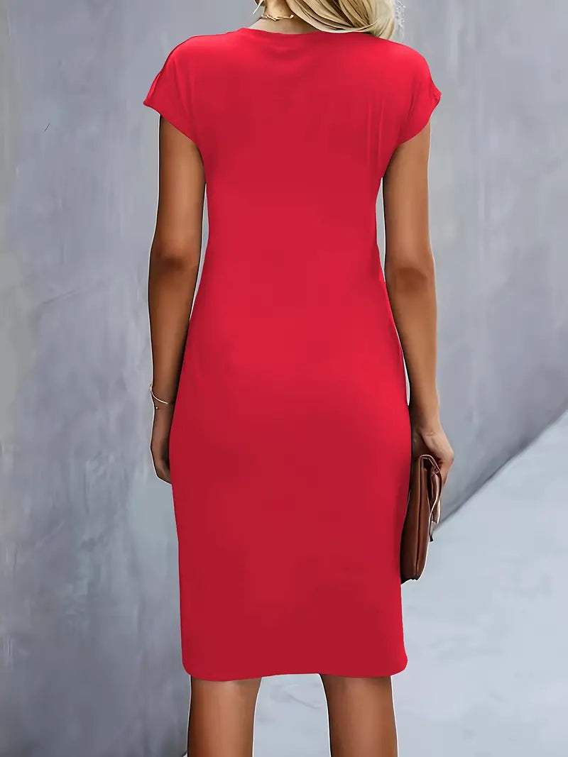 Maya | Dames Rimpel Midi Jurk Korte Mouwen Bodycon Werkjurk