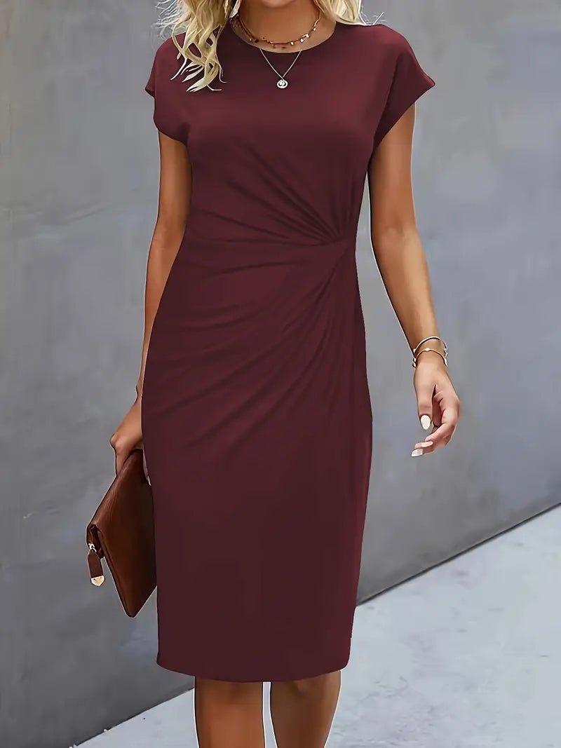 Maya | Dames Rimpel Midi Jurk Korte Mouwen Bodycon Werkjurk