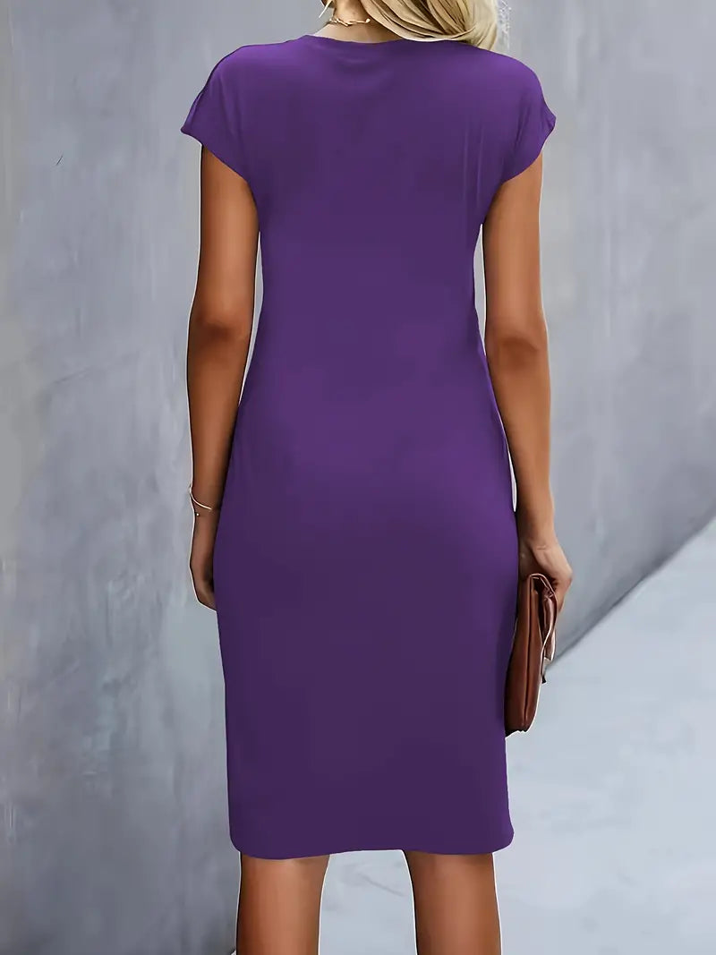 Maya | Dames Rimpel Midi Jurk Korte Mouwen Bodycon Werkjurk