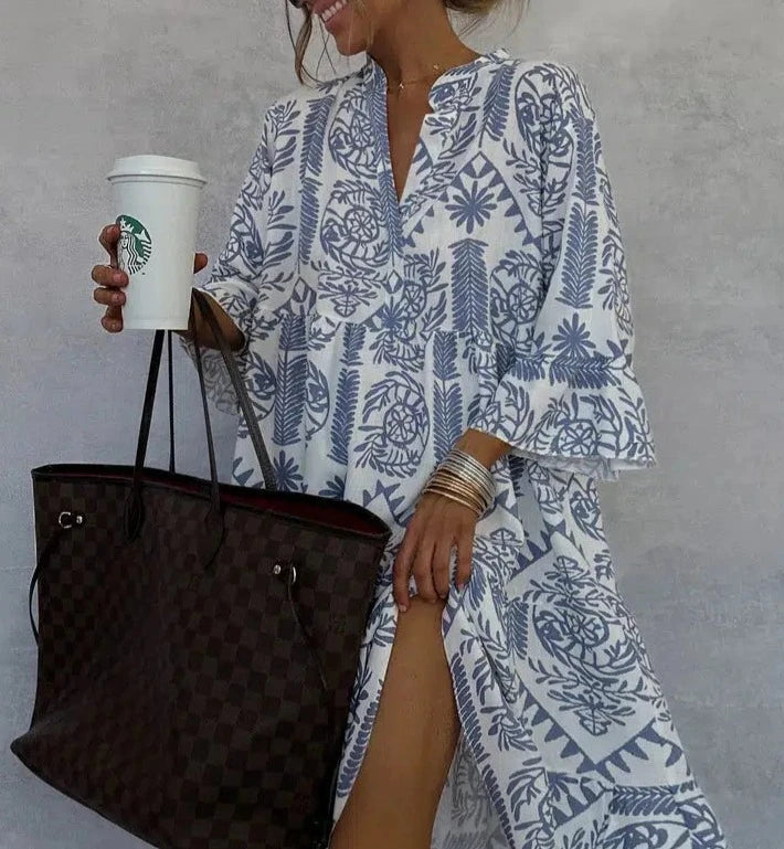 Celeste | Dames Boho Print V-Hals 3/4 Mouw Swing Jurk