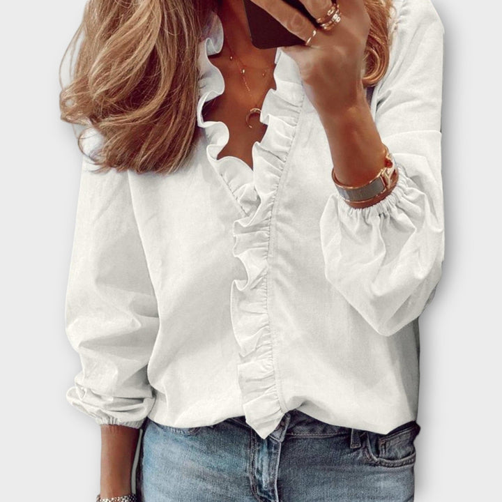 Celeste | Dames Ruffle Voor V-Hals Lange Mouw Blouse