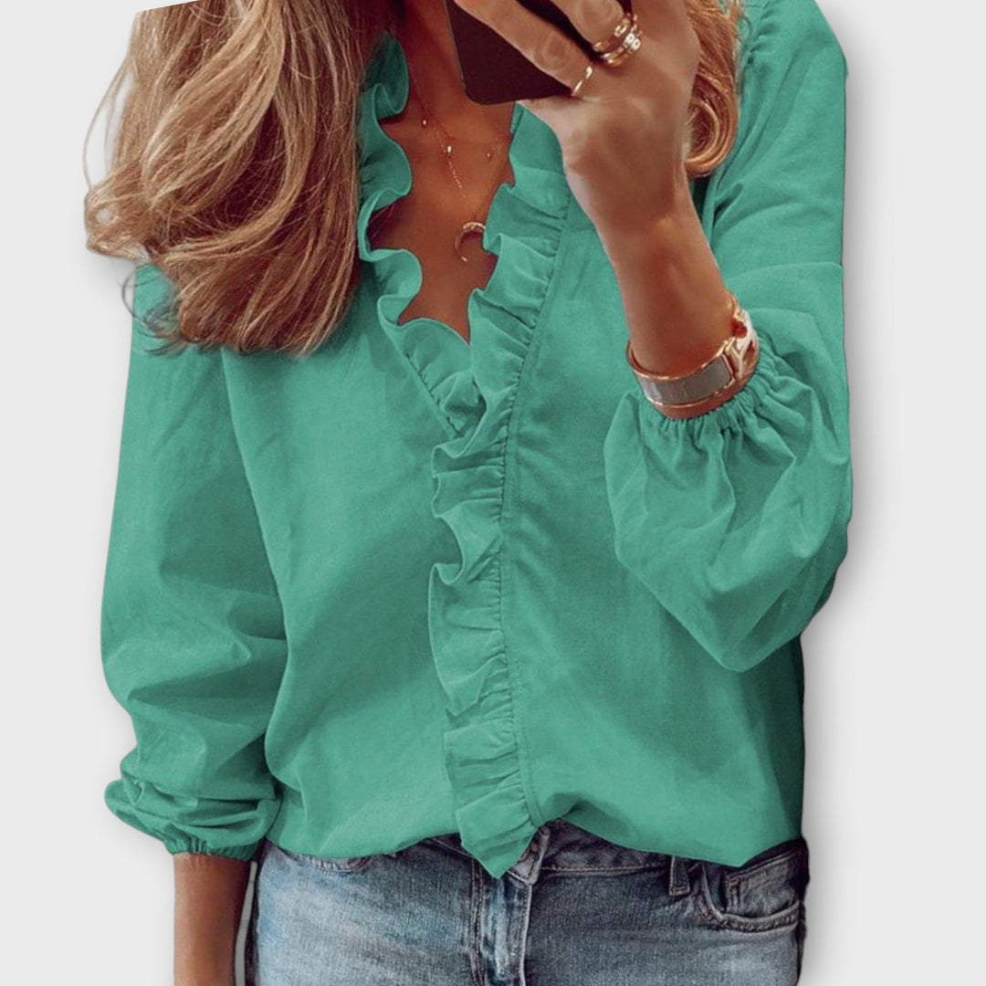 Celeste | Dames Ruffle Voor V-Hals Lange Mouw Blouse