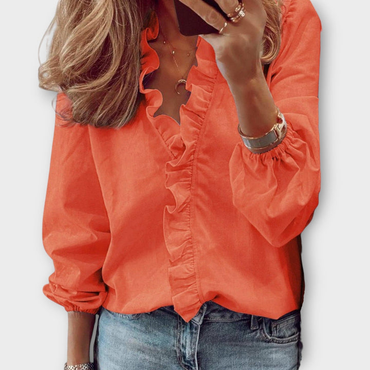 Celeste | Dames Ruffle Voor V-Hals Lange Mouw Blouse