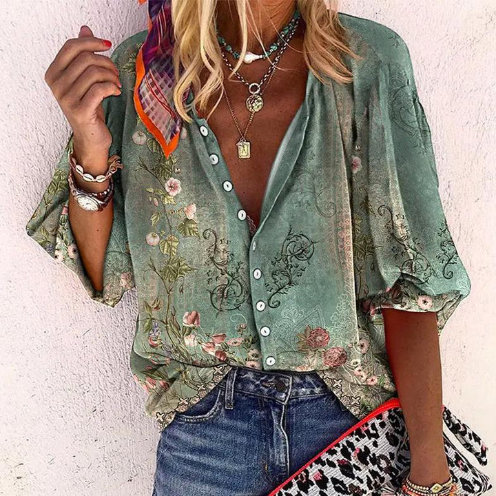 Zara | Dames Boho Print Blouse V-Hals Lange Mouw Knopsluiting