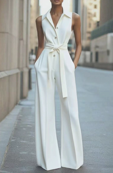 Blanc | Dames Mouwloze Wijde Pijpen Jumpsuit met Ceintuur Formeel