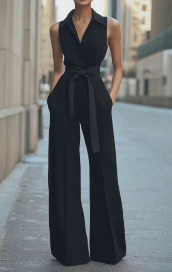 Blanc | Dames Mouwloze Wijde Pijpen Jumpsuit met Ceintuur Formeel