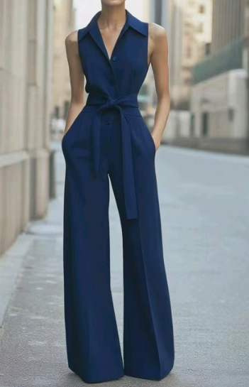 Blanc | Dames Mouwloze Wijde Pijpen Jumpsuit met Ceintuur Formeel
