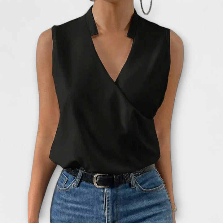 Nina | Vrouwelijke Mouwloze Wikkel V-Hals Blouse met Kraag
