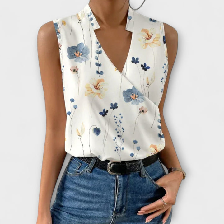 Nina | Vrouwelijke Mouwloze Wikkel V-Hals Blouse met Kraag