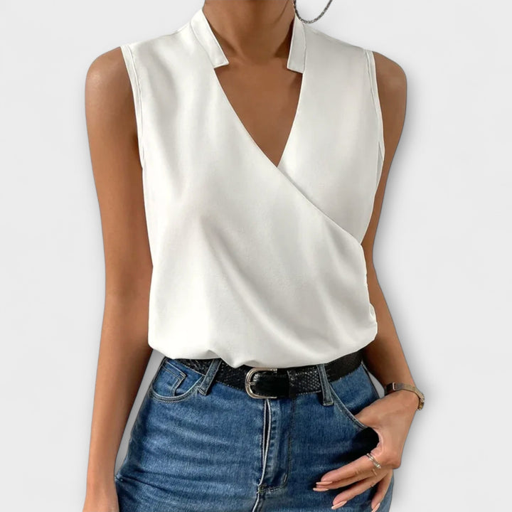 Nina | Vrouwelijke Mouwloze Wikkel V-Hals Blouse met Kraag