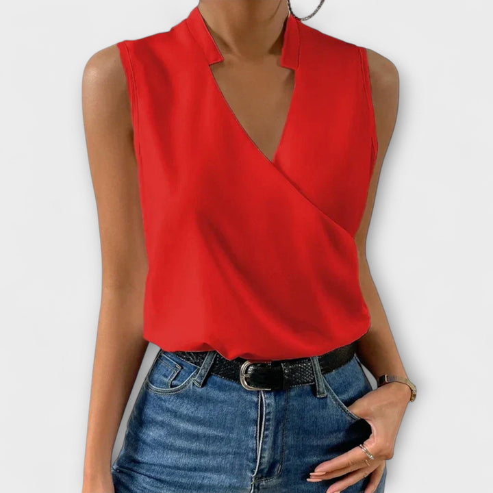 Nina | Vrouwelijke Mouwloze Wikkel V-Hals Blouse met Kraag
