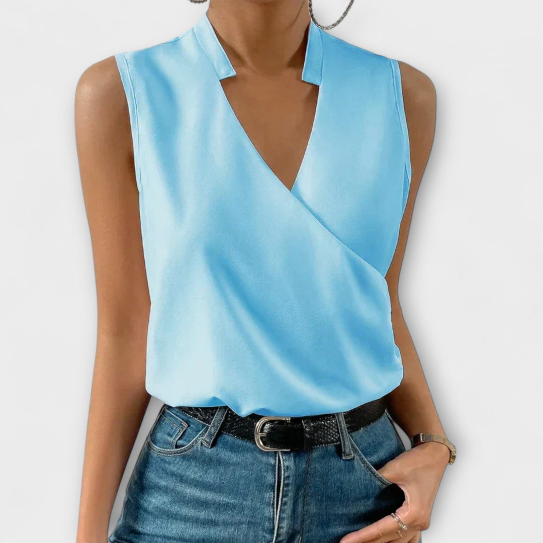 Nina | Vrouwelijke Mouwloze Wikkel V-Hals Blouse met Kraag