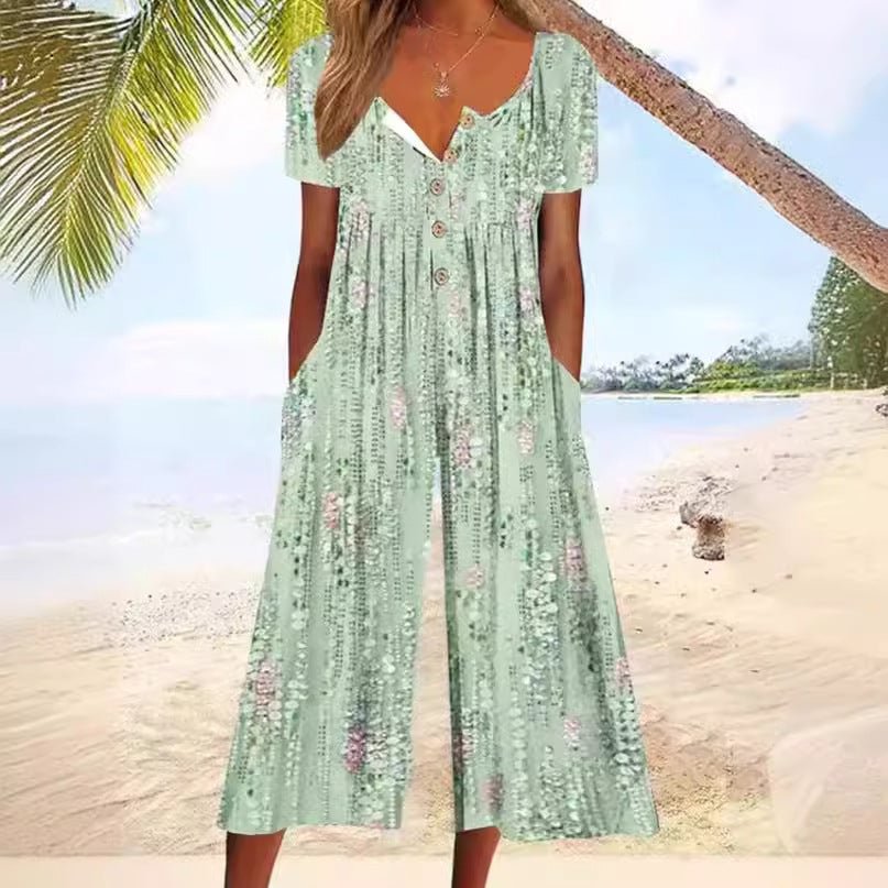 Lagoon | Dames Bladprint V-Hals Korte Mouwen Brede Pijpen Jumpsuit