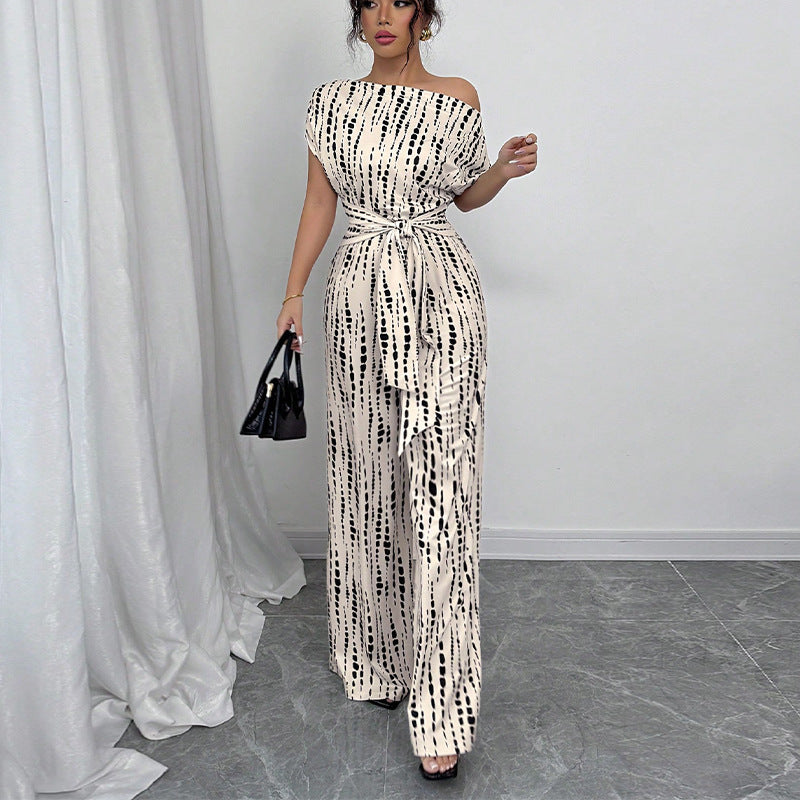 Zara | Dames Geprinte Wijde Jumpsuit Één Schouder Met Ceintuur