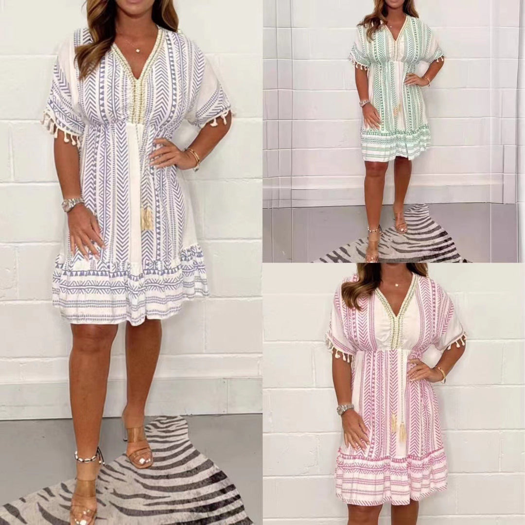 Tulum | Vrouwen Boho Print Mini Jurk V-Hals Kwastje Zomer
