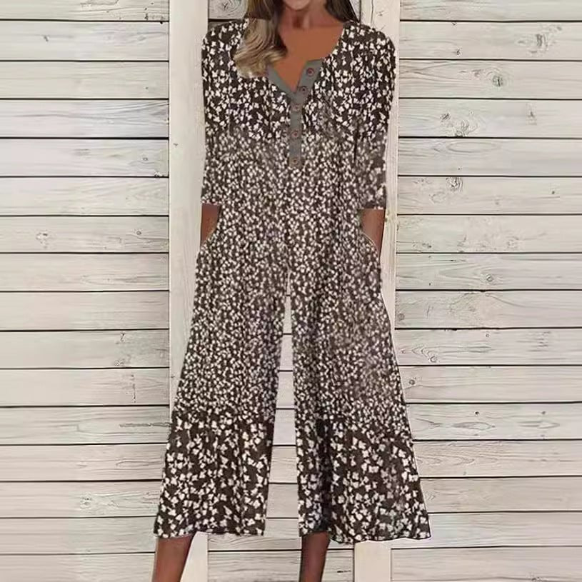 Lagoon | Dames Bladprint V-Hals Korte Mouwen Brede Pijpen Jumpsuit