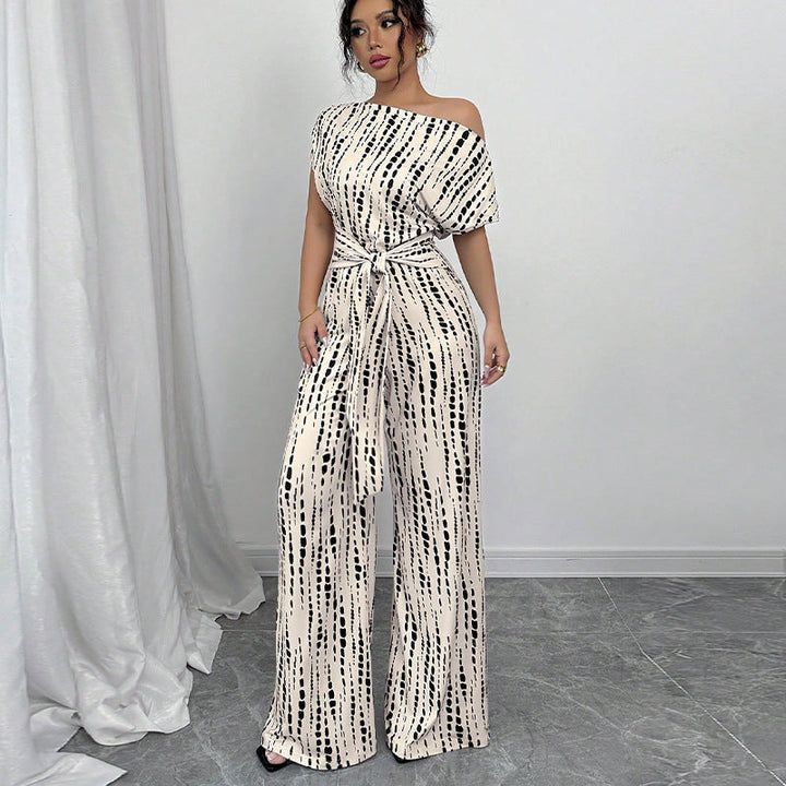 Zara | Dames Geprinte Wijde Jumpsuit Één Schouder Met Ceintuur